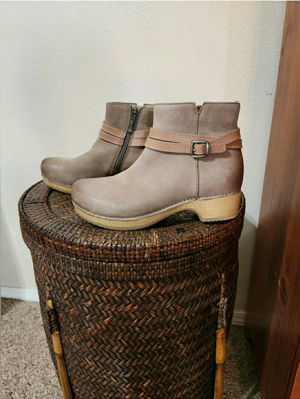 Taupe Dansko Brook Clog Boots Burnished Strap Buckle Side Zip Ankle Cottage Boho